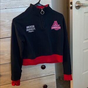 Champion Navy Blue and Red American University Quarter-Zip Cropped Sweatshirt